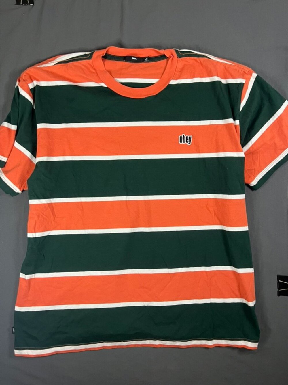 Y2K Obey Tee Men's Knit Box Striped Orange Green White Skate Vntg Size Large